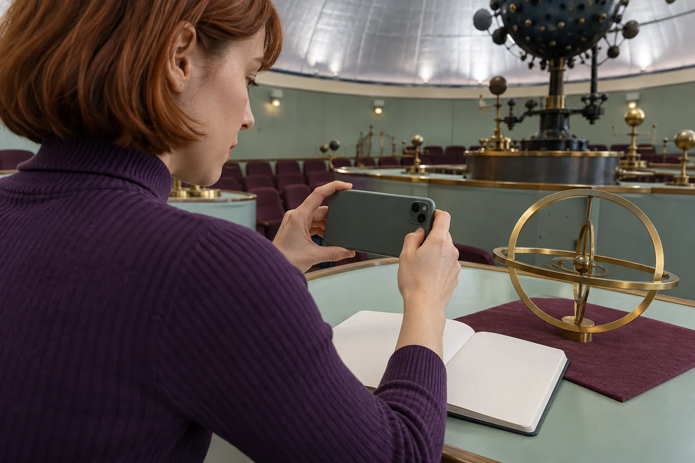 Adult woman with an auburn bob holding the back of a phone beside an open notebook and brass rings in a planetarium
