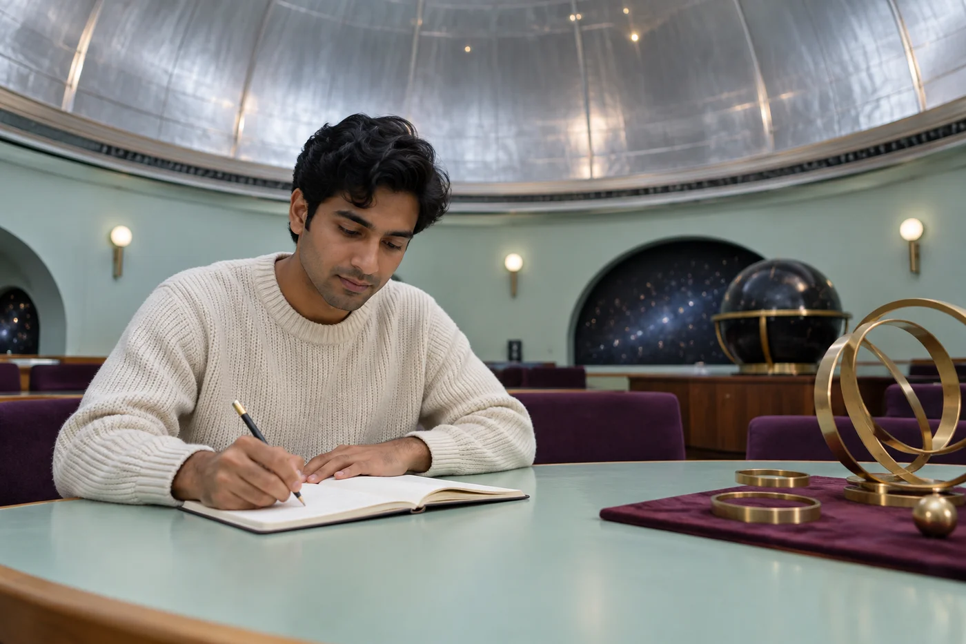 Young adult South Asian man in a cream sweater solving an exercise independently at a mint table beneath a silver planetarium dome