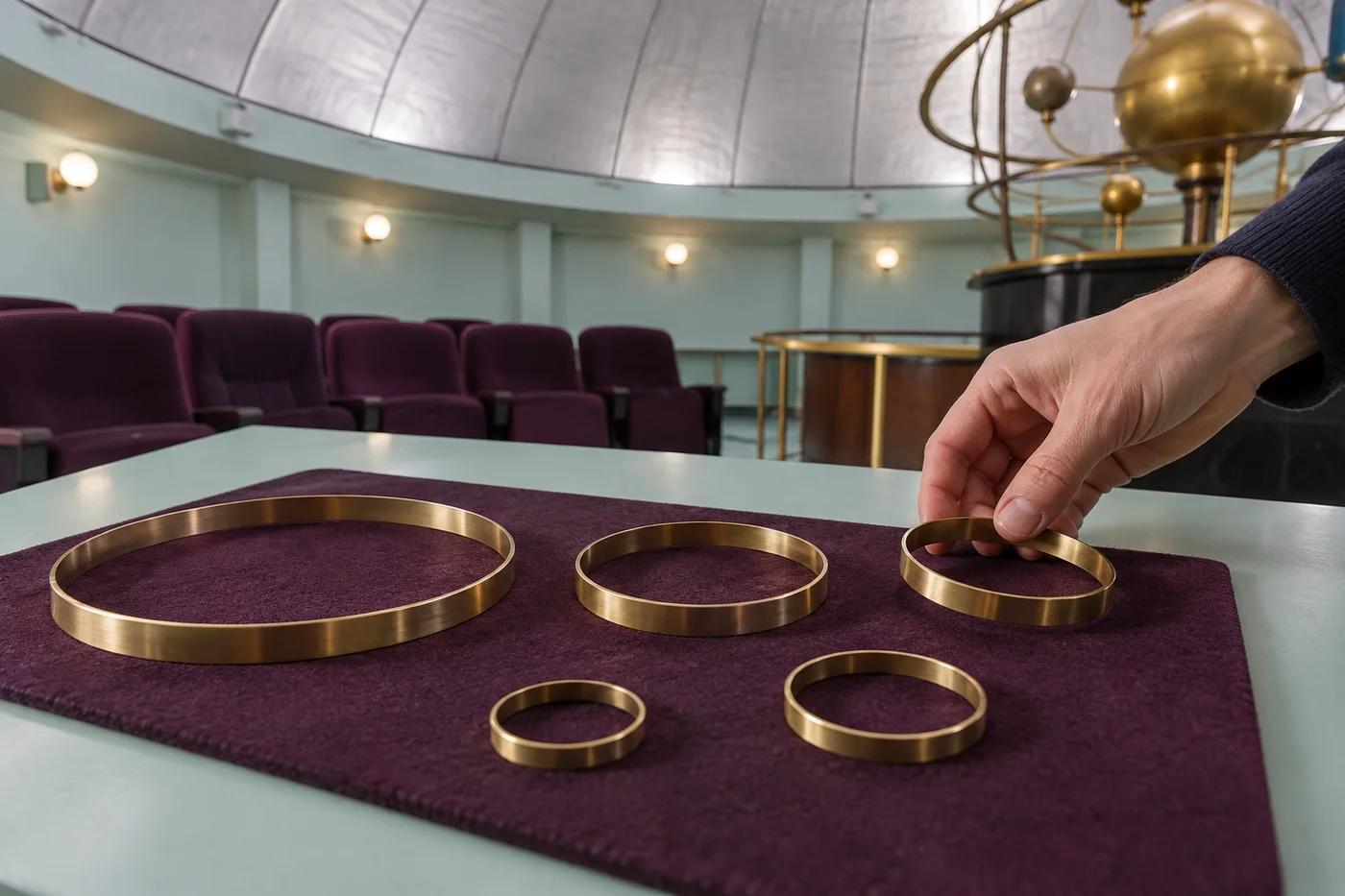 Adult hand setting a brass optical ring among differently sized rings on plum felt in a mint-coloured planetarium room
