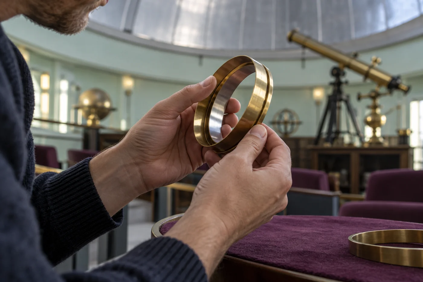 Adult hands examining nested brass optical rings above a plum felt pad in a community planetarium