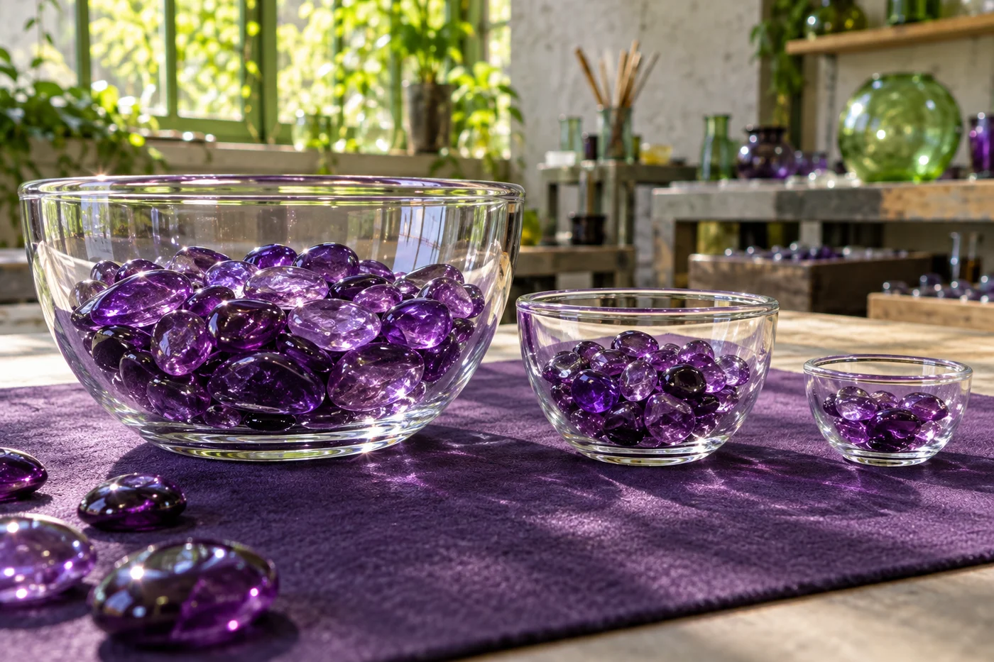 Klare Glasschalen verschiedener Größen mit violetten Glassteinen auf einer violetten Arbeitsmatte
