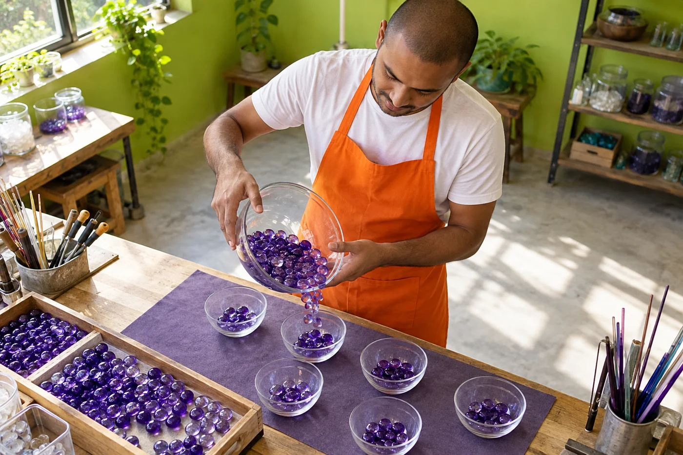 Adult man in an orange apron distributing violet glass pebbles into clear bowls at a sunlit workshop bench