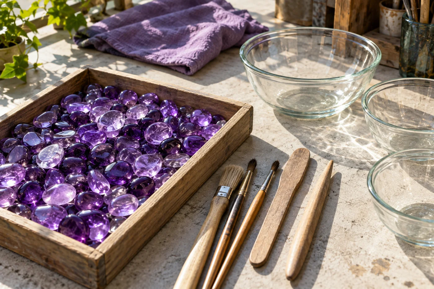 Werkzeuge und eine getrennte Schale mit violetten Glassteinen neben leeren klaren Schalen in einer Glaswerkstatt