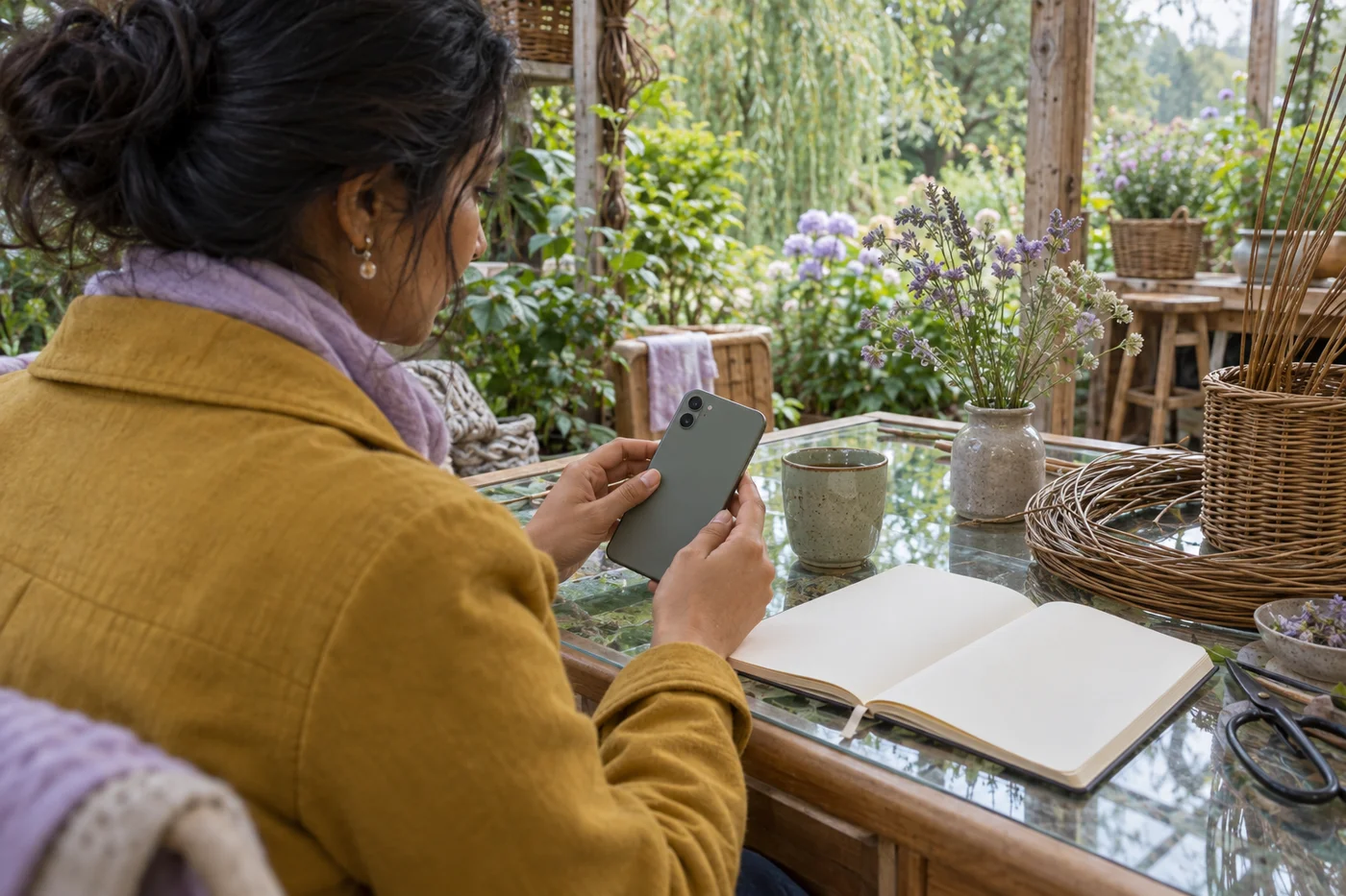 Erwachsene südasiatische Frau im senfgelben Mantel hält ein Smartphone mit sichtbarer unbeschrifteter Rückseite neben einem offenen Heft zwischen Weidenkörben und Gartenpflanzen