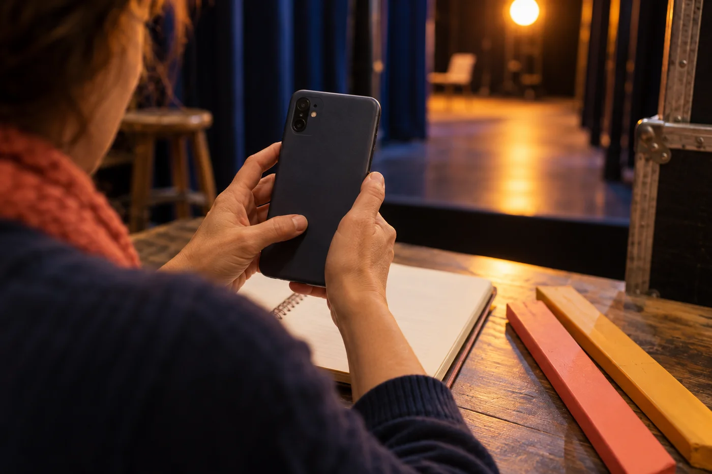 Mãos adultas segurando um celular sem marca visto por trás ao lado de um caderno e ripas coloridas em uma mesa de teatro