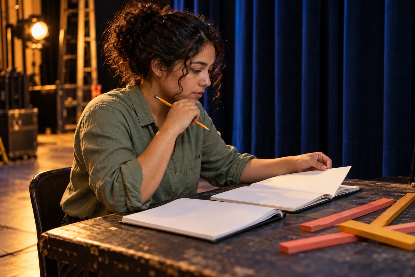 Mulher adulta de camisa verde-sálvia comparando páginas de um caderno com um lápis ao lado de ripas coloridas nos bastidores