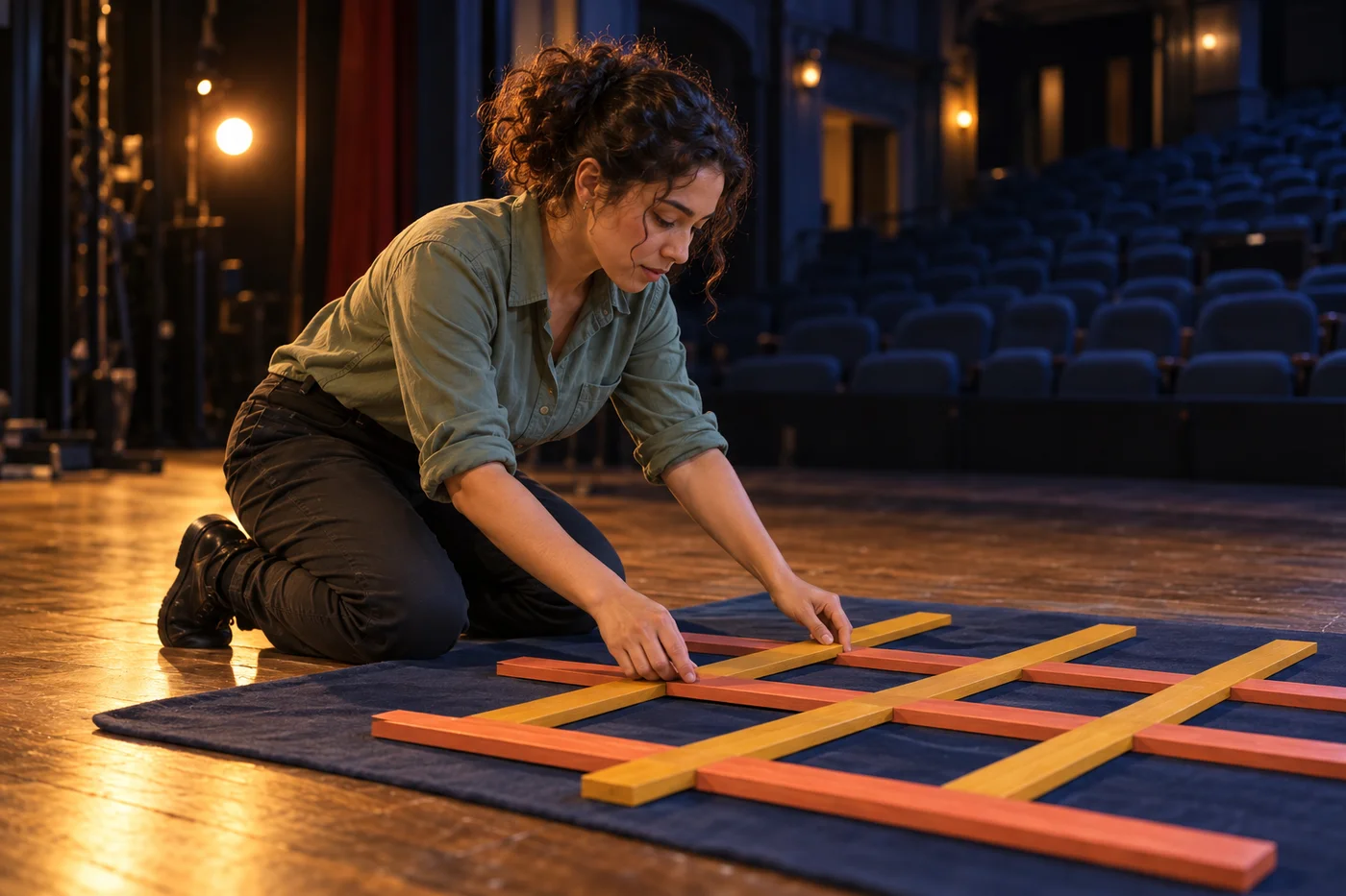 Jovem adulta de camisa verde-sálvia organizando ripas coral e mostarda sobre feltro azul no palco de um teatro comunitário