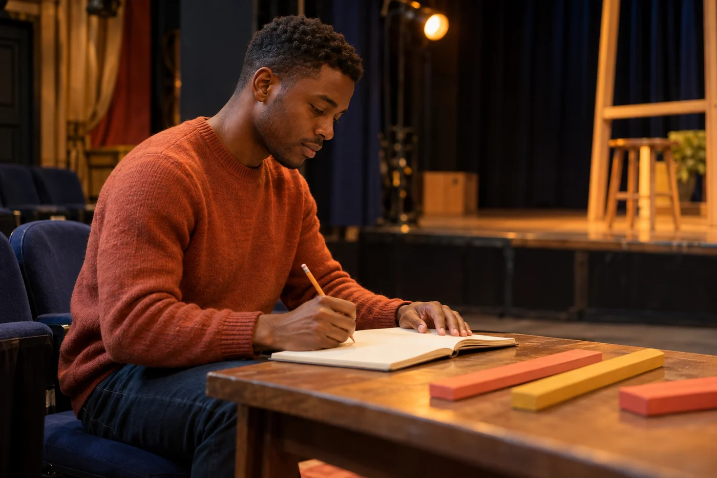 Jovem adulto negro de suéter cor de ferrugem resolvendo sozinho um exercício em um caderno sobre uma mesa de teatro comunitário