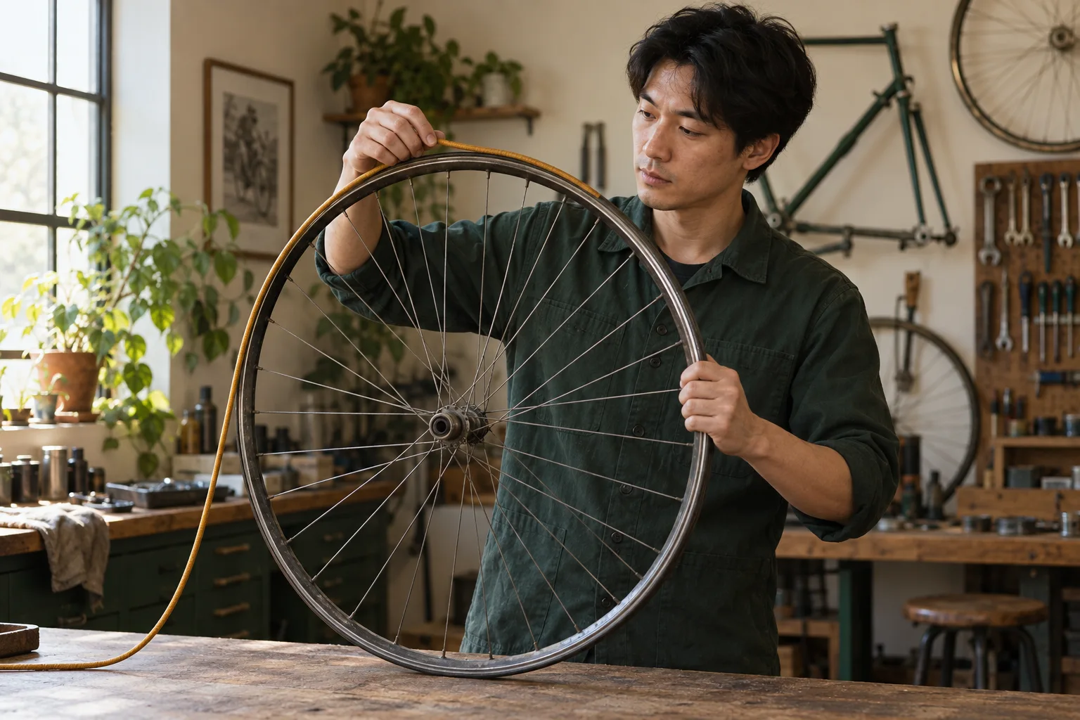 明るい自転車工房で成人の学習者が車輪の縁に黄土色のひもを沿わせている