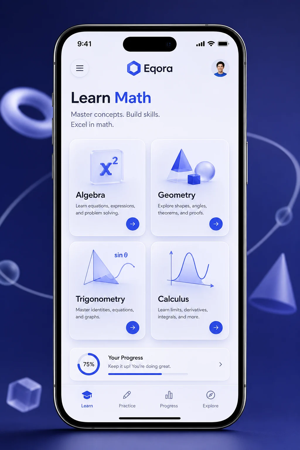Eqora Learn Math topic library for algebra, geometry, trigonometry, and calculus