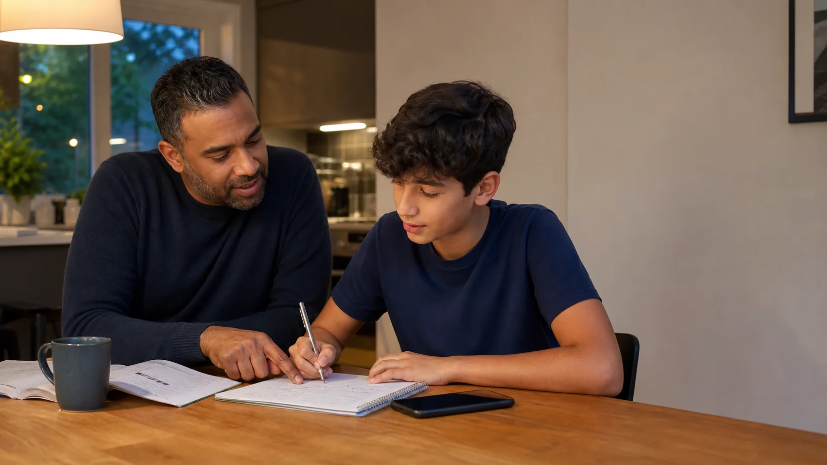 Parent supporting a student during a mathematics homework session