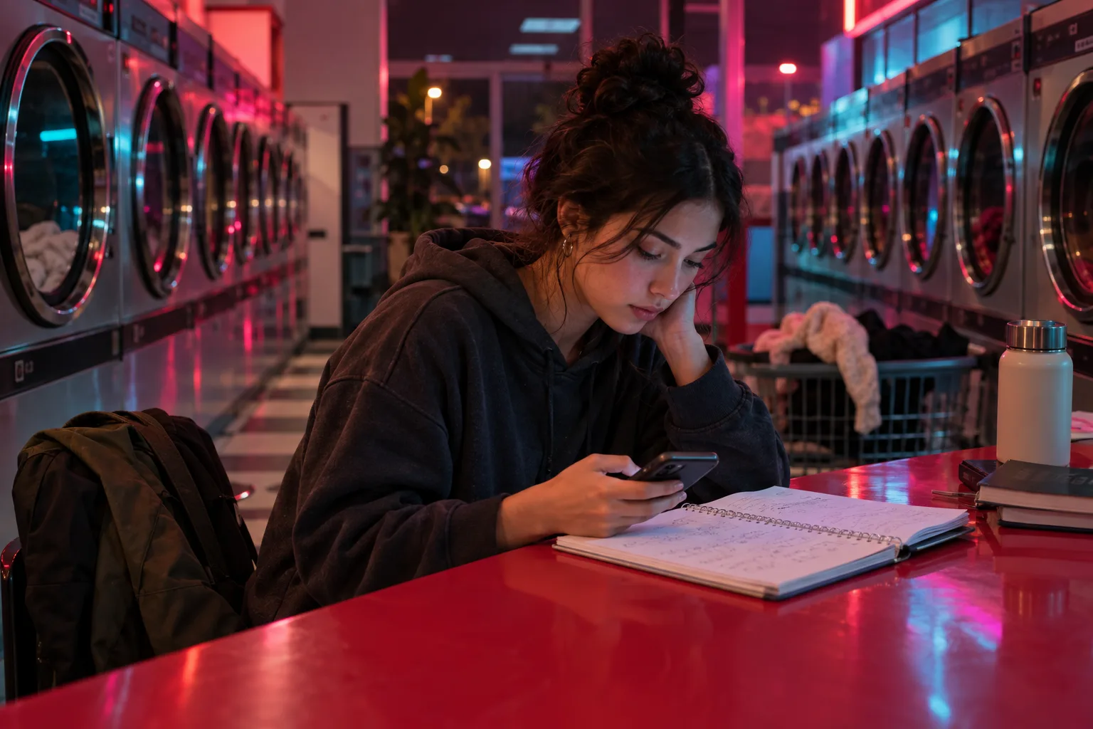 Junge Erwachsene lernt nachts in einem neonbeleuchteten Waschsalon mit Algebrablatt und Smartphone