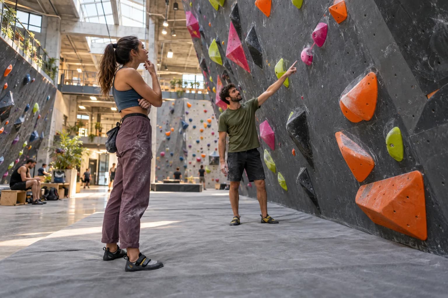 Adult climber studies a bouldering route while a training partner points to one hold without doing the climb