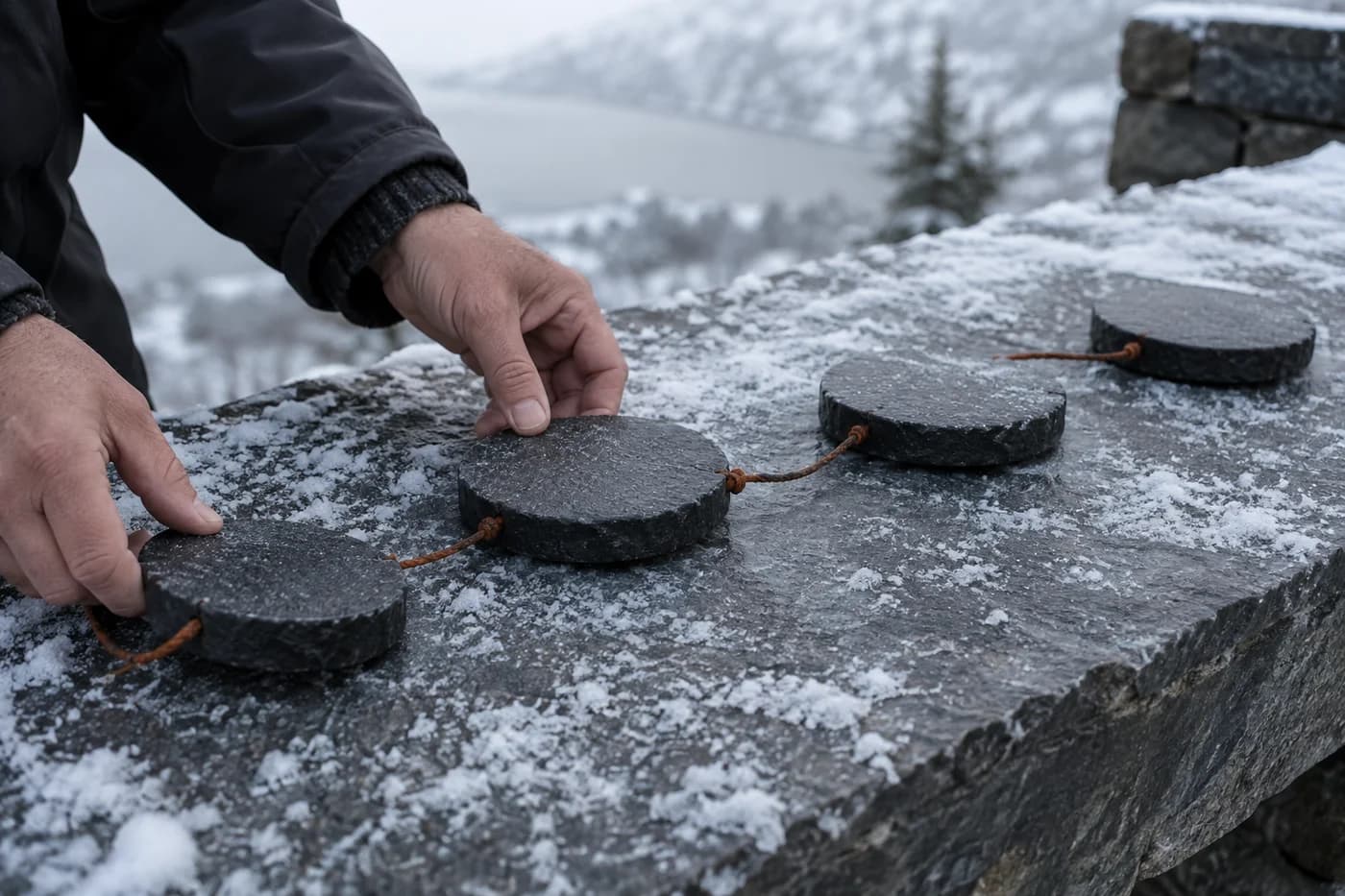 Manos adultas colocando discos oscuros unidos por una cuerda color óxido sobre un banco de piedra con nieve