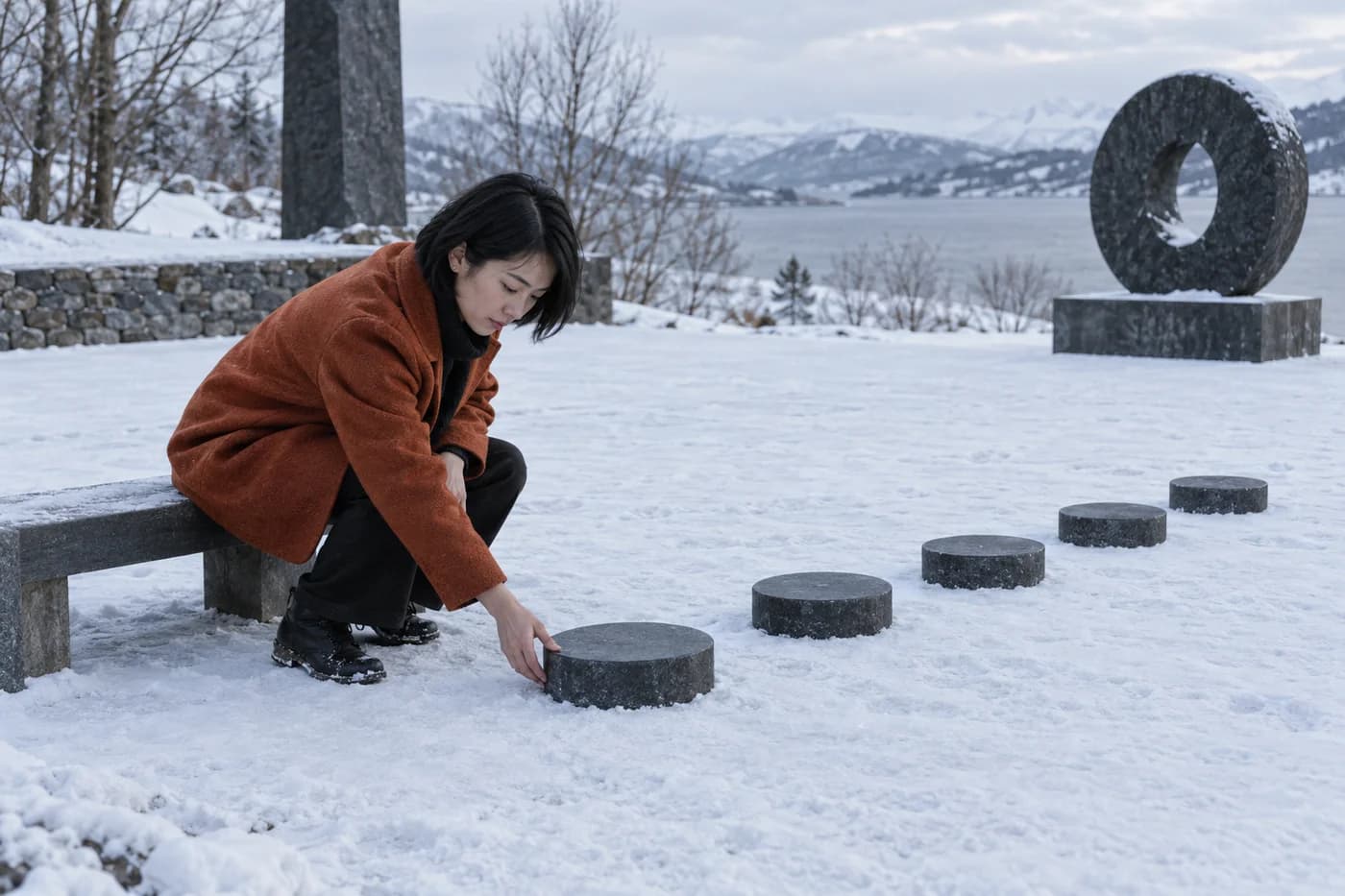 Mujer adulta de Asia oriental con abrigo color óxido colocando discos de piedra en un jardín de esculturas nevado junto a un banco