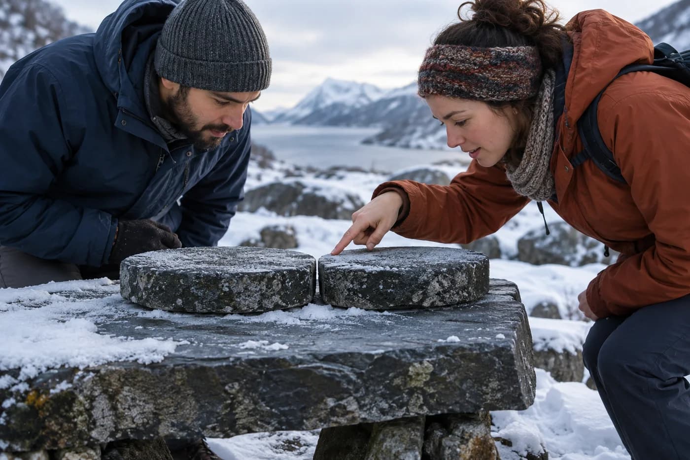 Dos estudiantes adultos con abrigos azul marino y color óxido observando el espacio entre discos de piedra en un banco nevado