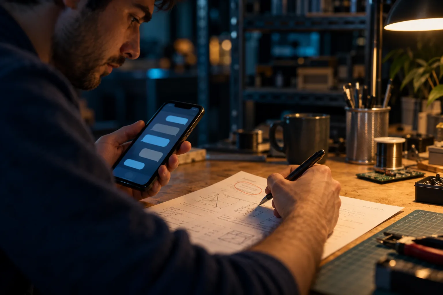 Ein Lernender stellt am Smartphone eine gezielte Frage und markiert gleichzeitig eine unsichere Stelle auf Papier