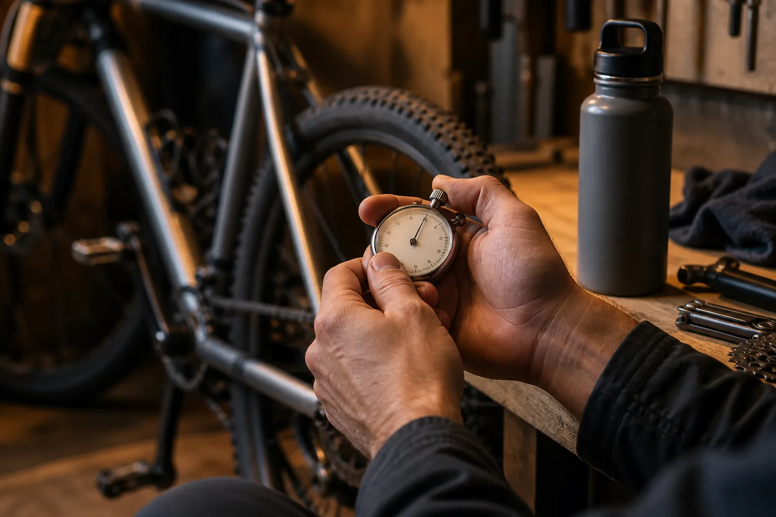 Erwachsene Hände halten eine analoge Stoppuhr neben einem abgestellten Fahrrad
