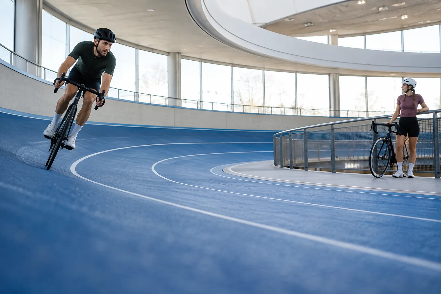 Ein erwachsener Radfahrer fährt auf einer blauen Indoor-Bahn, während eine zweite Radfahrerin mit Rad wartet