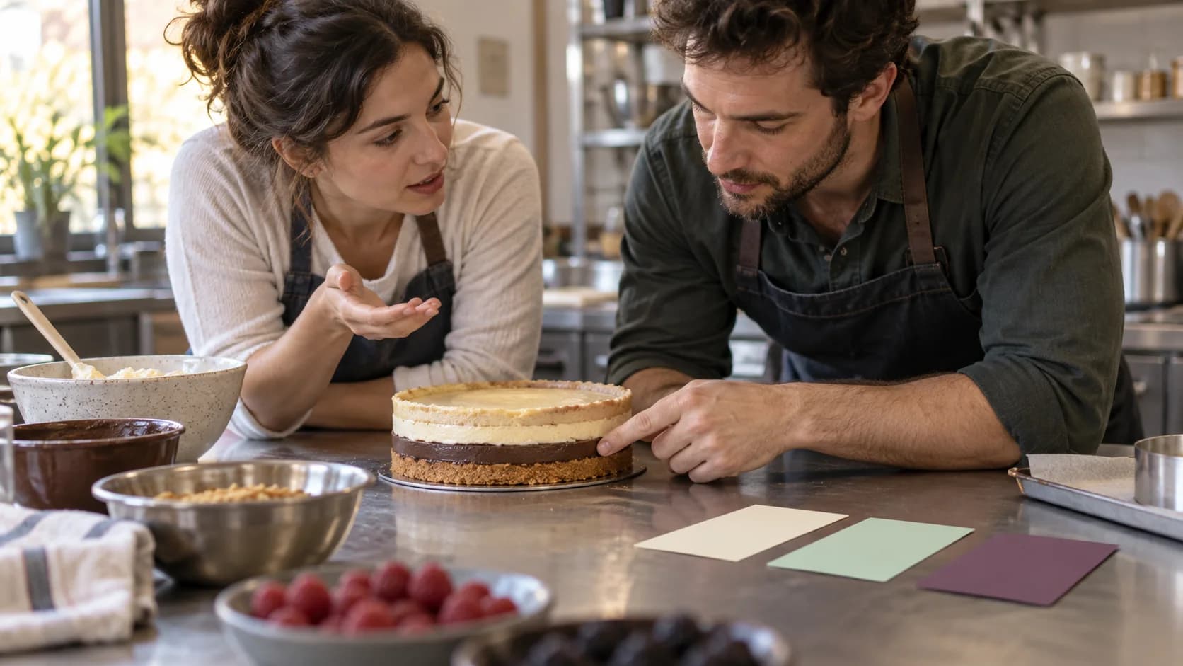 Zwei erwachsene Lernende zeigen auf eine mittlere Schicht einer unfertigen Torte und besprechen genau diesen Übergang