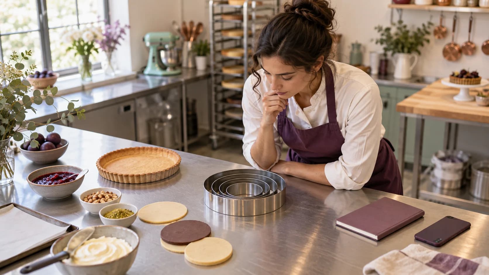 Adult learner studies nested pastry rings in a bright teaching kitchen as a visual analogy for composite functions