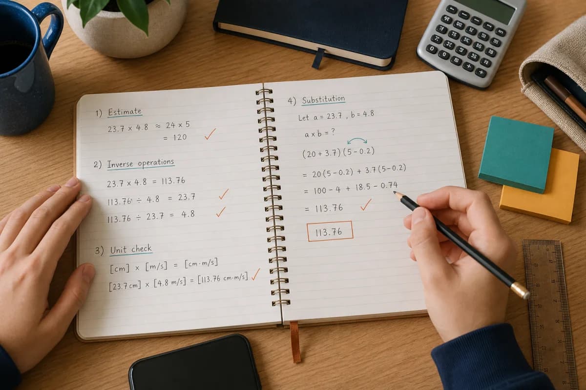 Élève vérifiant un calcul dans un cahier par estimation, opération inverse, unités et substitution