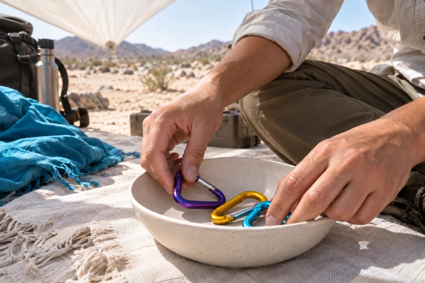 Adult hands putting violet, yellow and cyan metal clips together in a cream bowl on a pale camping mat