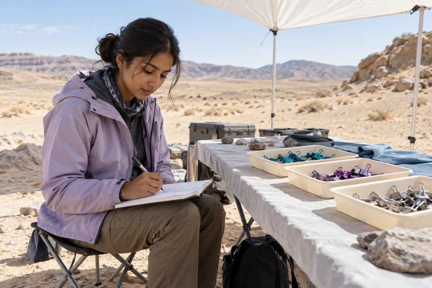 Young adult South Asian woman in a lilac jacket writing independently beside trays of colored clips under a white desert canopy