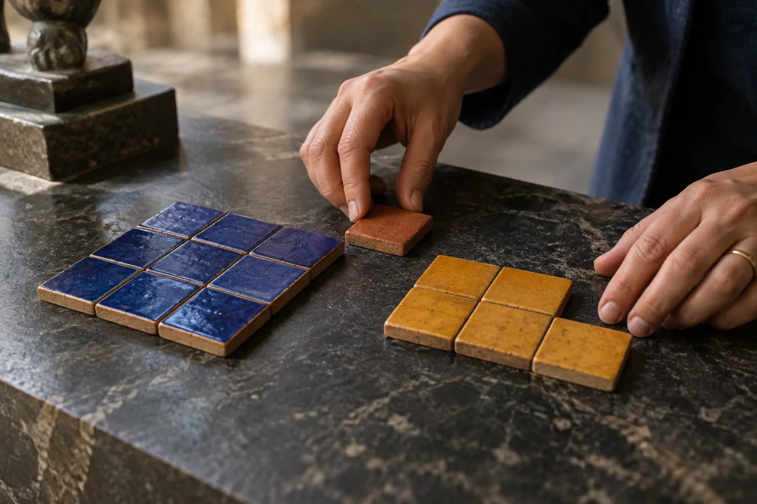 Adult hands compare groups of unmarked cobalt and ochre ceramic tiles on a dark stone bench while holding a small terracotta tile