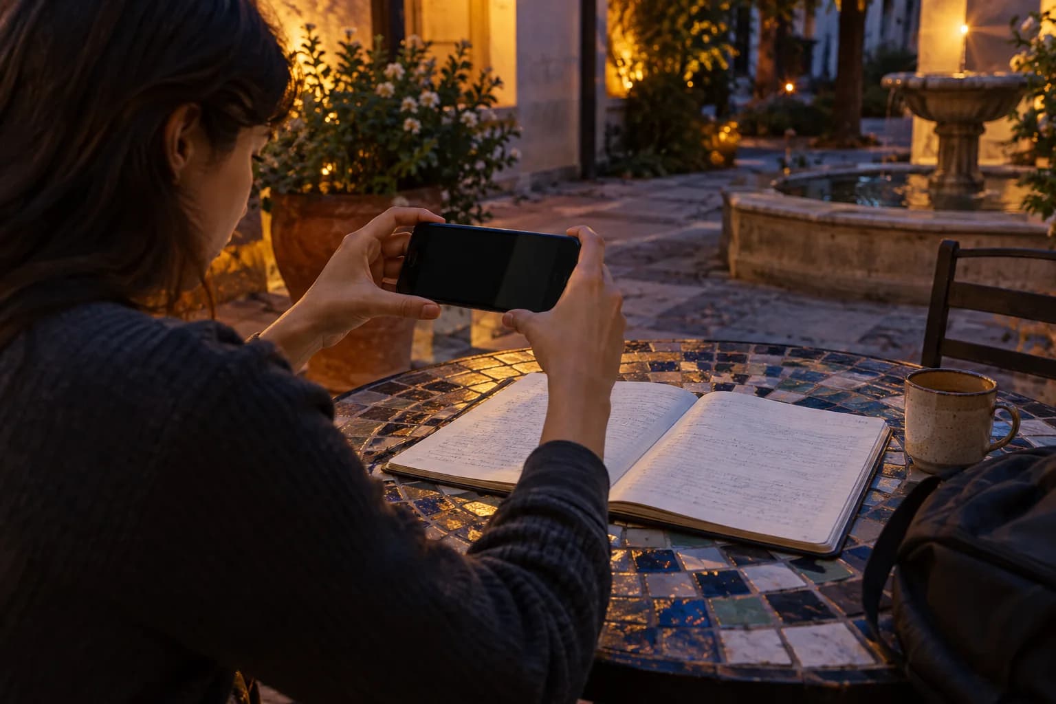 Adult learner holds a phone with a blank screen over a complete open math notebook at an amber-lit courtyard table