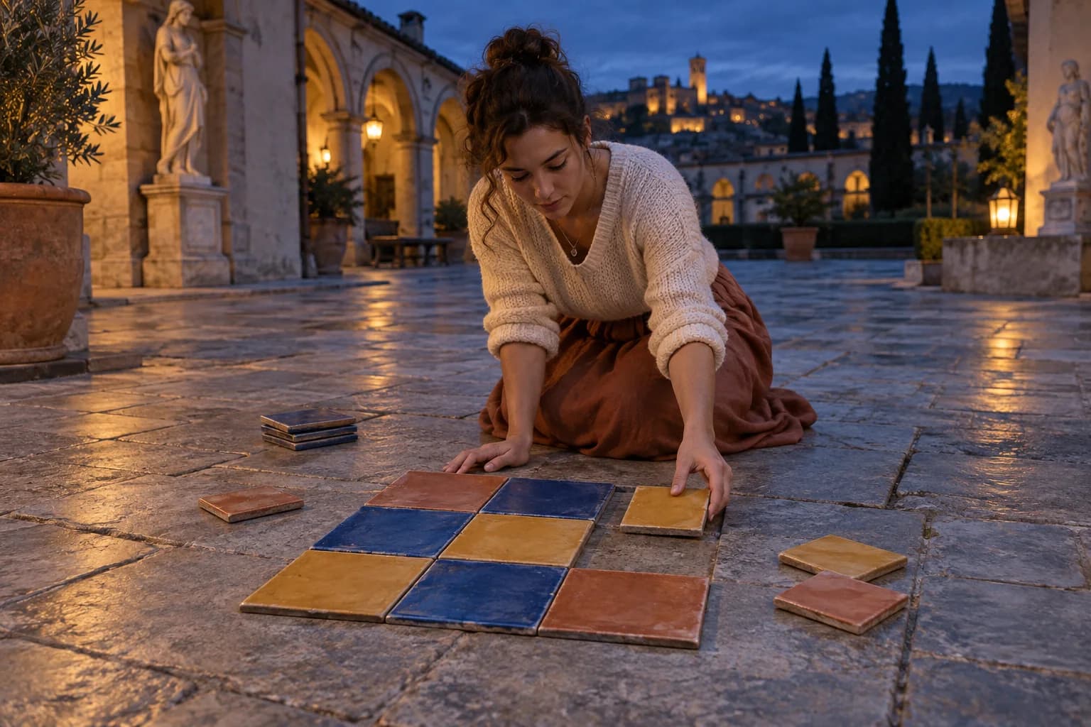 Adult learner kneels in an amber-lit museum courtyard arranging blue, ochre and terracotta ceramic tiles into a square