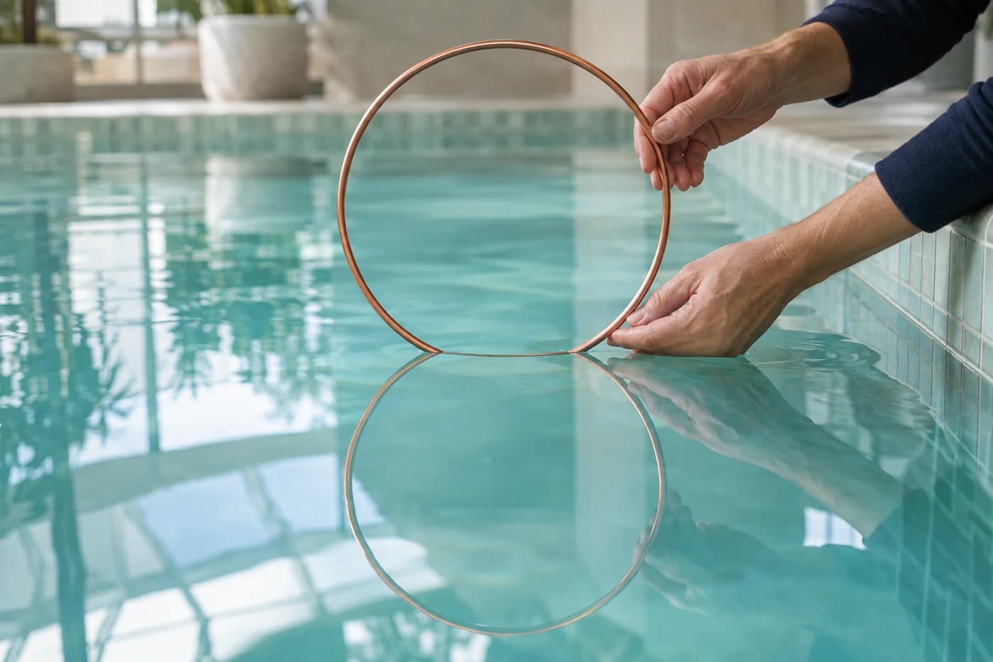 Erwachsene Hände mit marineblauen Ärmeln halten einen Kupferreifen aufrecht über seiner Spiegelung im Wasser eines Innenpools