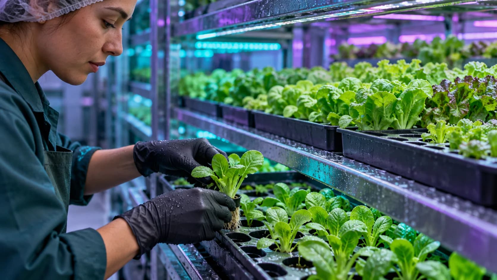 Une technicienne déplace un plant vers des bacs successifs plus fournis, image d’une base qui grandit