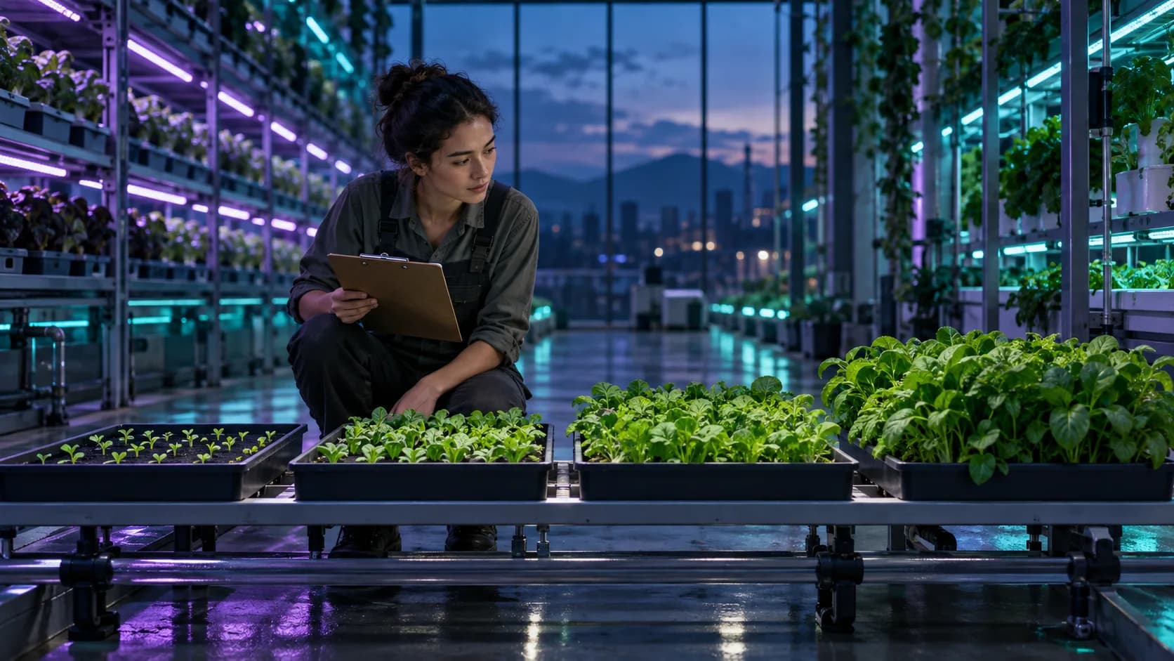 Adult learner compares progressively fuller plant trays in a violet and teal hydroponic farm as a metaphor for repeated growth