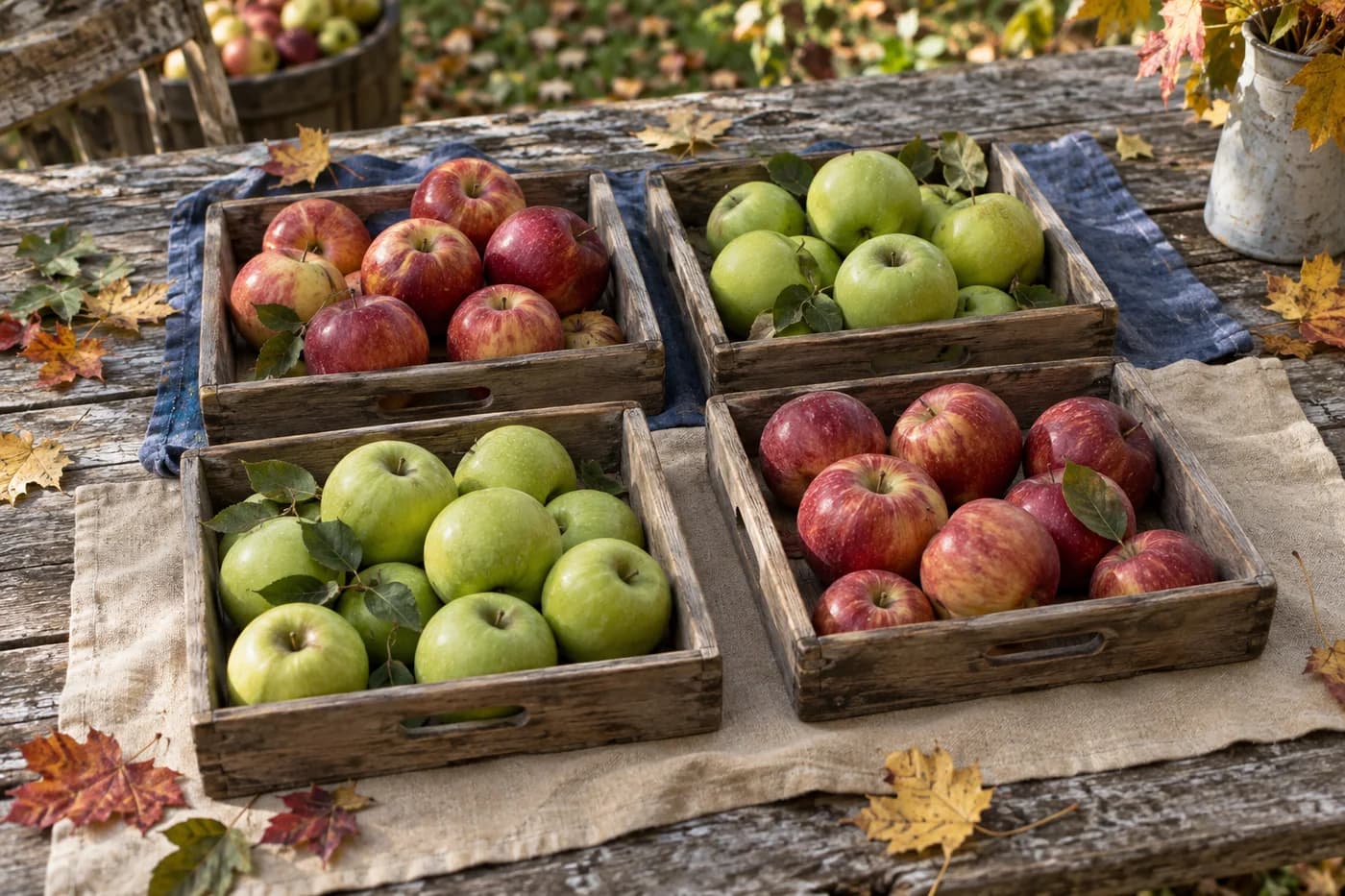 Four shallow wooden trays of red and green apples arranged in two rows over blue and tan linen on an orchard table