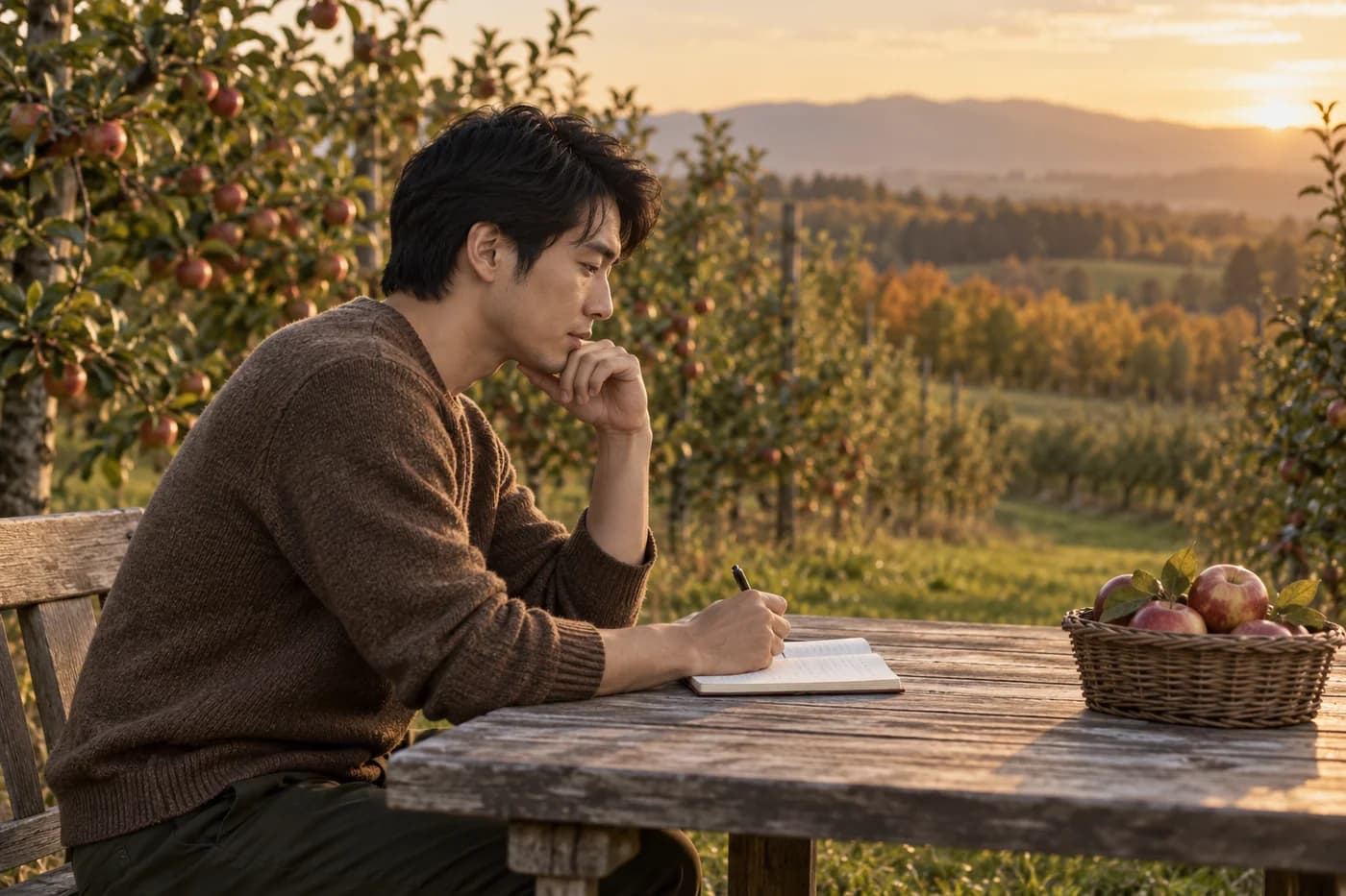 Adult East Asian man writes independently in a notebook at an outdoor orchard table beside a small apple basket