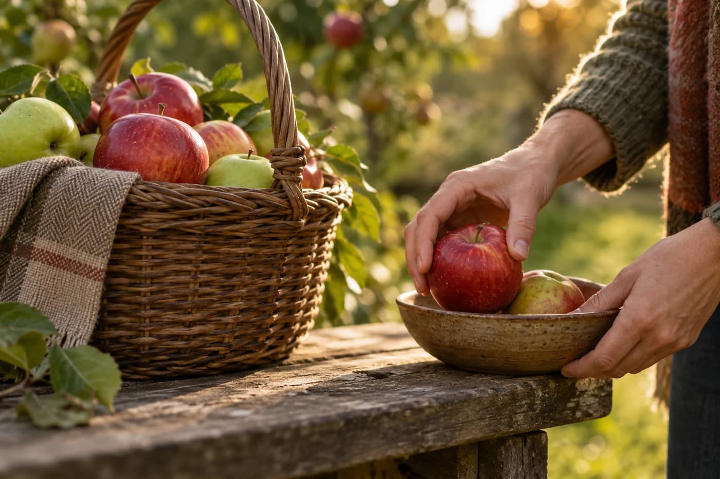 Adult hands move a red apple from a mixed woven basket into a small bowl on an orchard bench