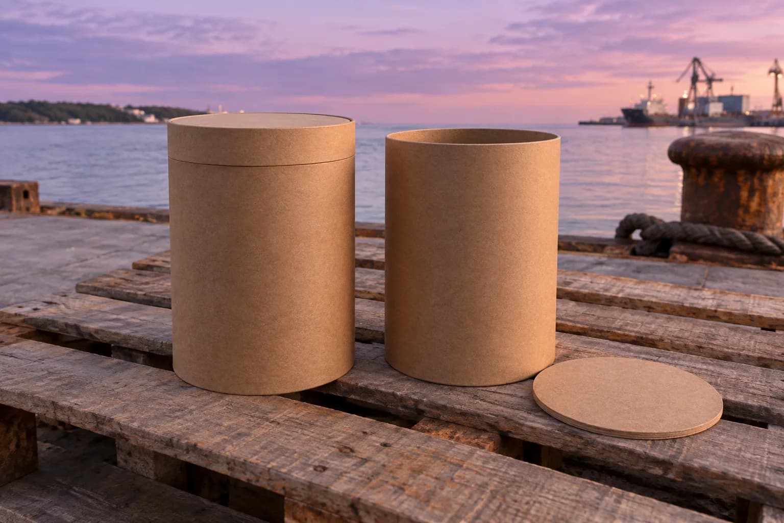 Two plain cylindrical cardboard containers on a pallet, one visibly closed and the other open at the circular top