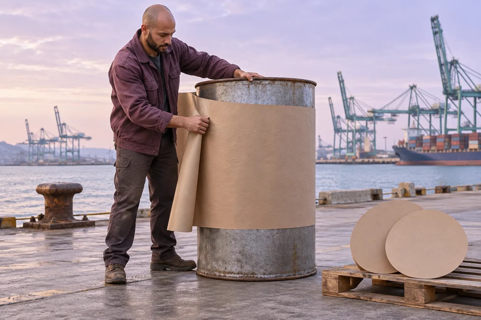 Adult man at a shipping pier wraps plain kraft paper around a large cylindrical drum while two round end discs rest nearby