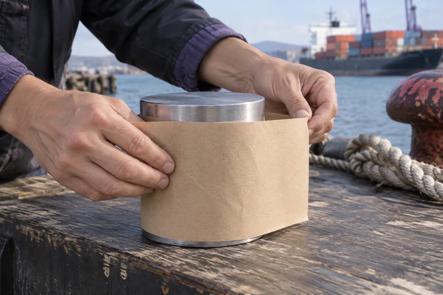 Close view of adult hands wrapping a blank kraft-paper rectangle around the curved side of a short metal cylinder beside water