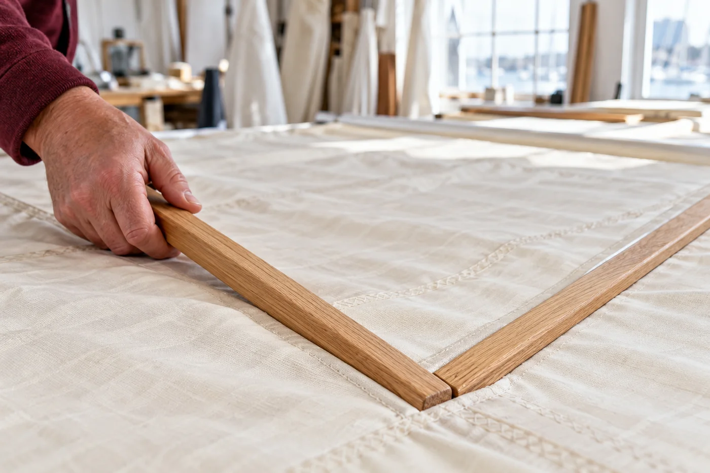 Adult hand turning one of two oak battens meeting on pale sailcloth in a sunlit loft