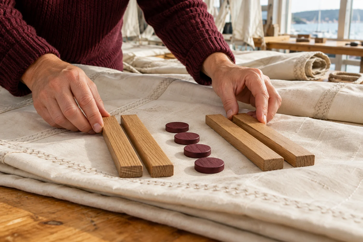 Adult hands in burgundy sleeves aligning pairs of oak battens beside burgundy discs on ivory sailcloth