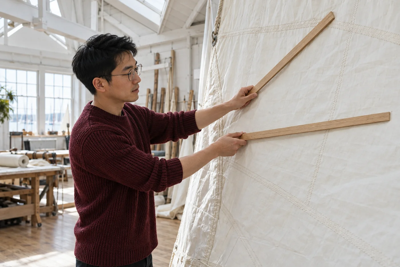 Young adult East Asian man with glasses and a burgundy sweater holding two wooden battens against ivory canvas in a bright sail loft