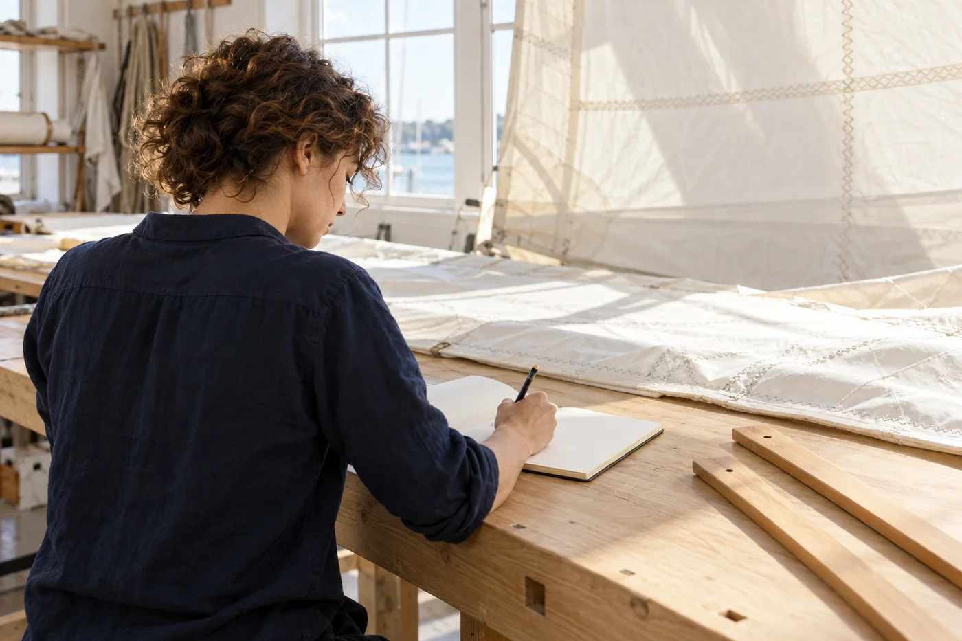 Young adult woman with short curly brown hair writing independently at an oak bench in a white sail loft