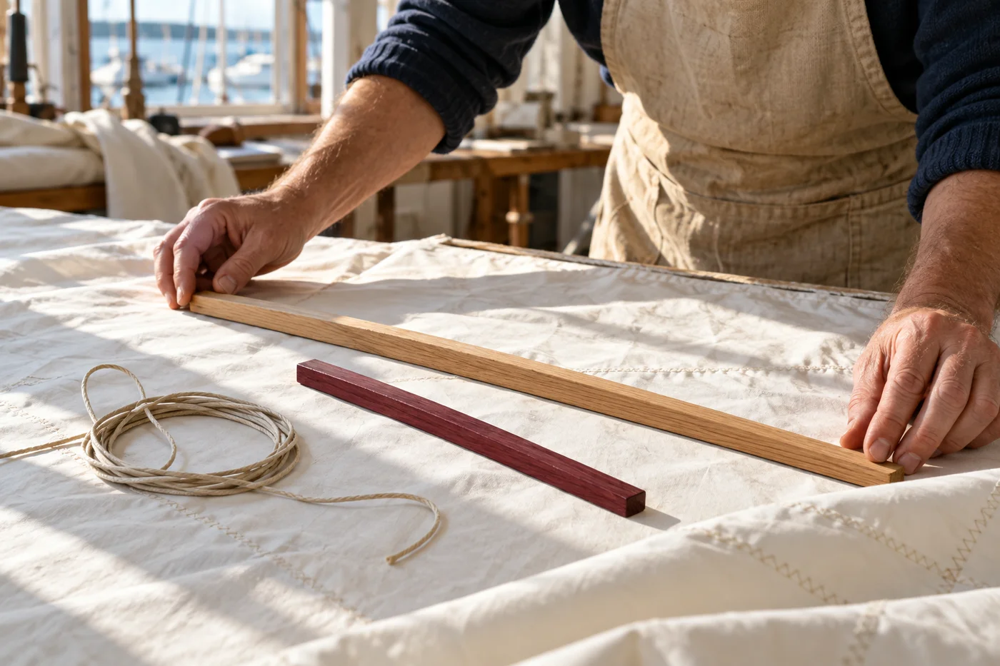 Adult hands arranging a long oak batten and a shorter burgundy batten with linen cord on ivory canvas