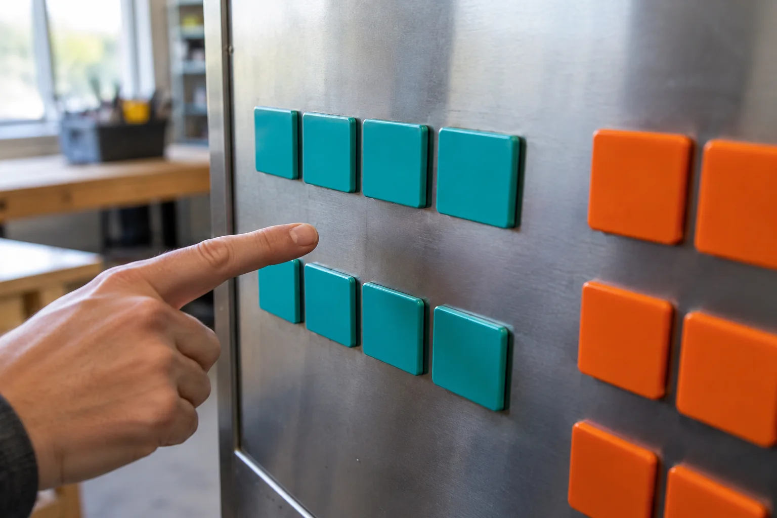 Two horizontal rows of blank turquoise and orange magnetic tiles on a steel board with an adult finger comparing them