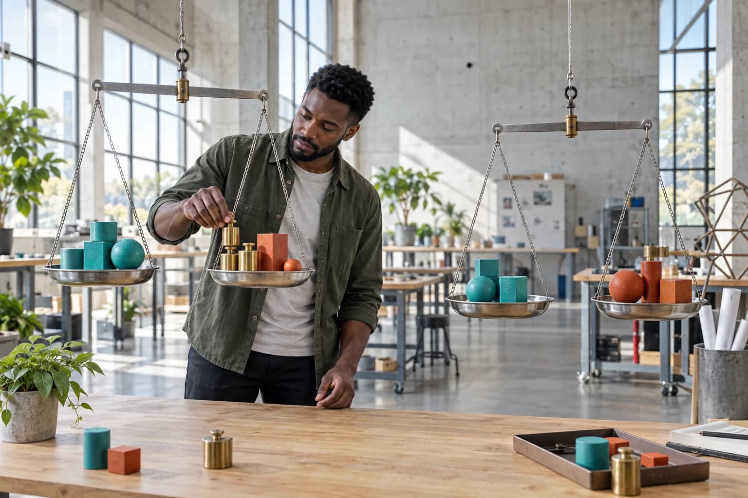 Adult engineering learner compares two hanging balances with turquoise and rust-colored weights in a bright makerspace