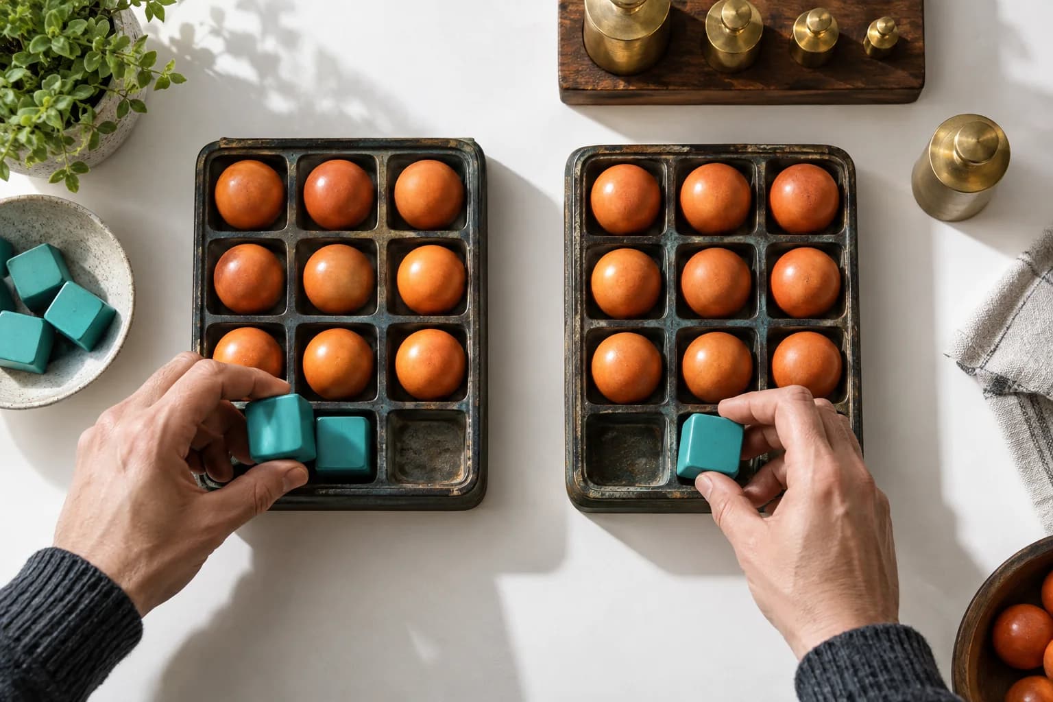 Adult hands remove turquoise cube weights from two trays of rust-colored spheres on a white work surface
