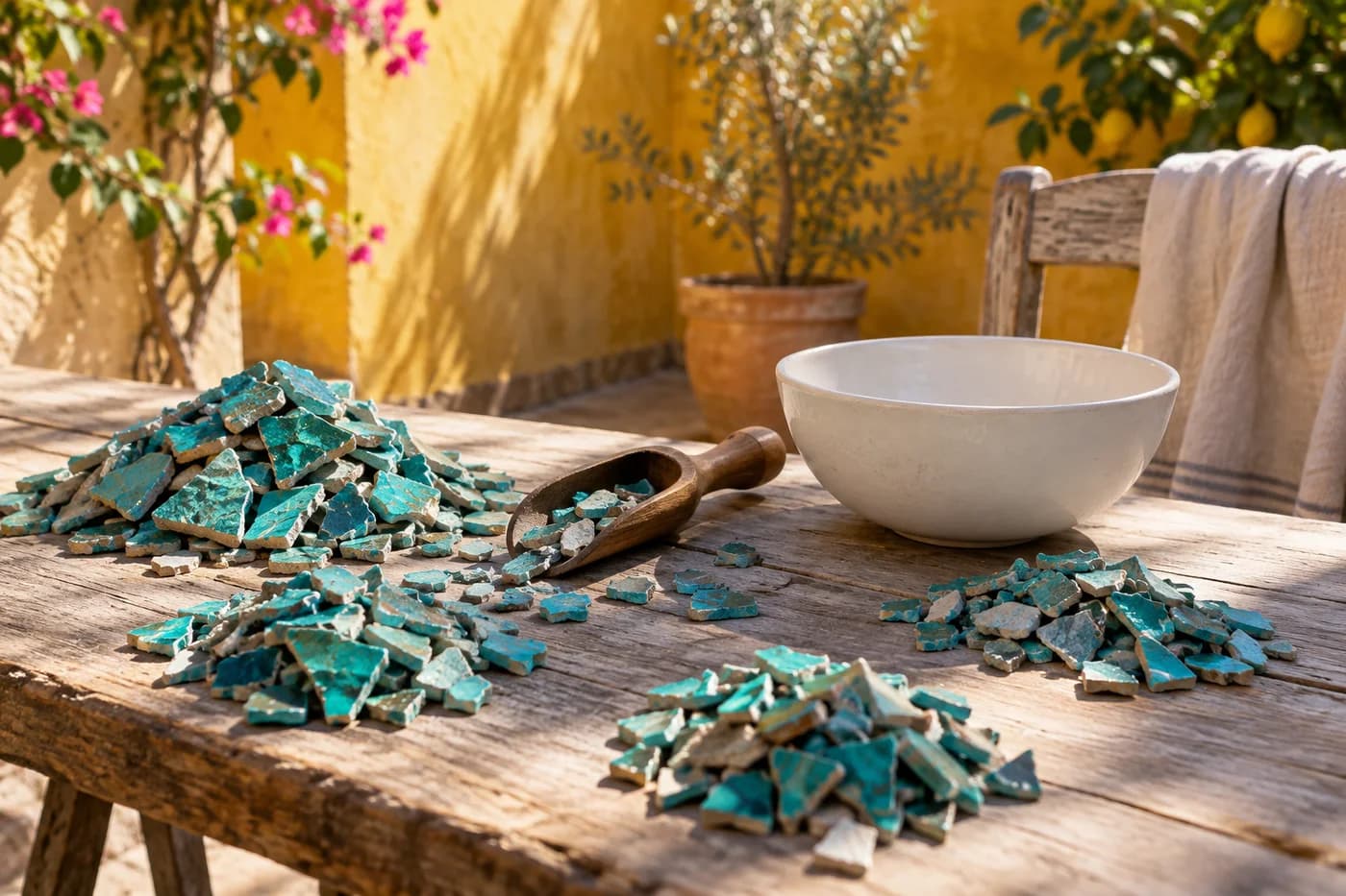 Several piles of turquoise mosaic fragments beside an empty white bowl and a wooden scoop