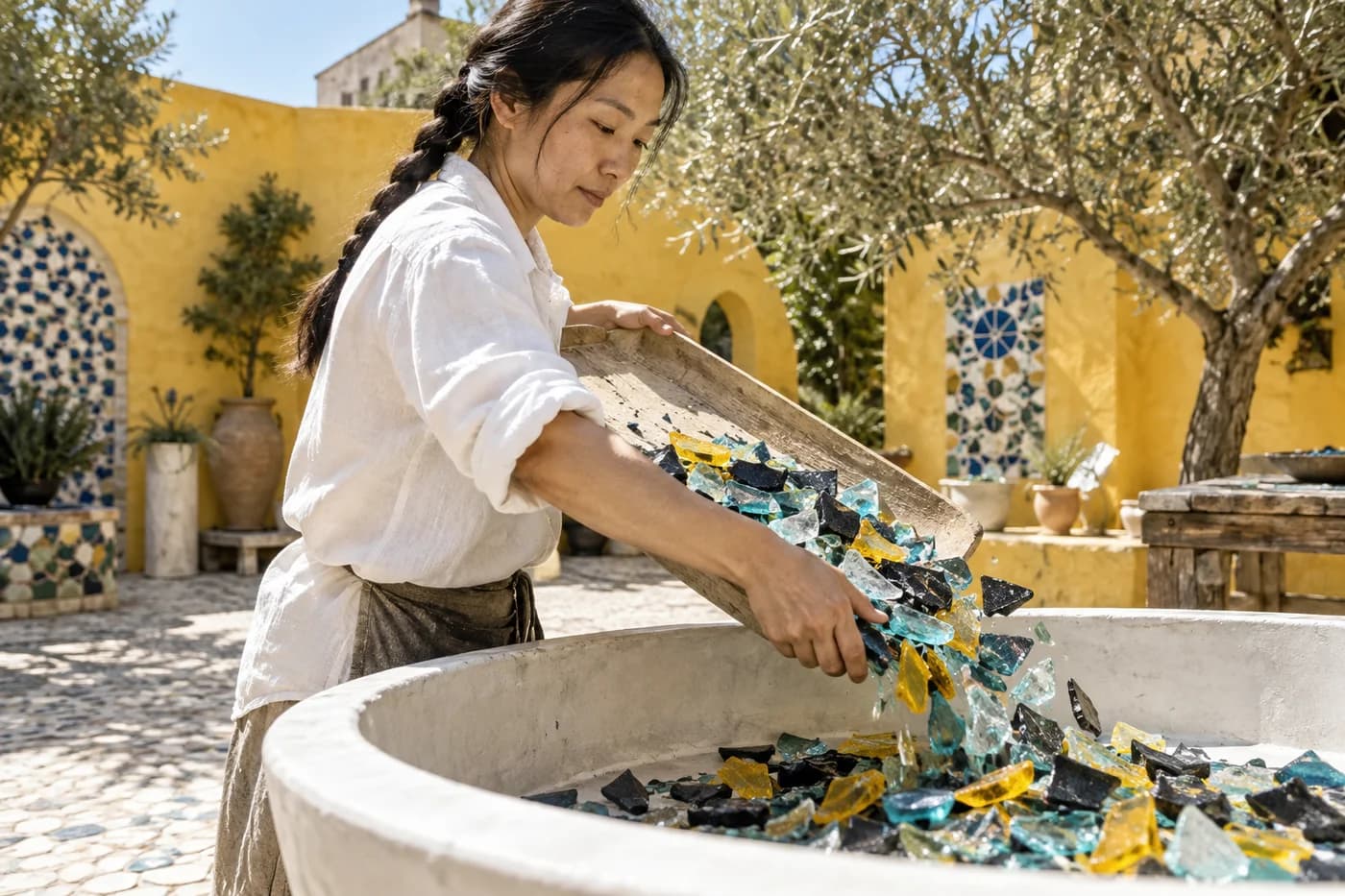 Adult woman in a white shirt tipping mosaic fragments into a broad white basin in a sunny yellow courtyard